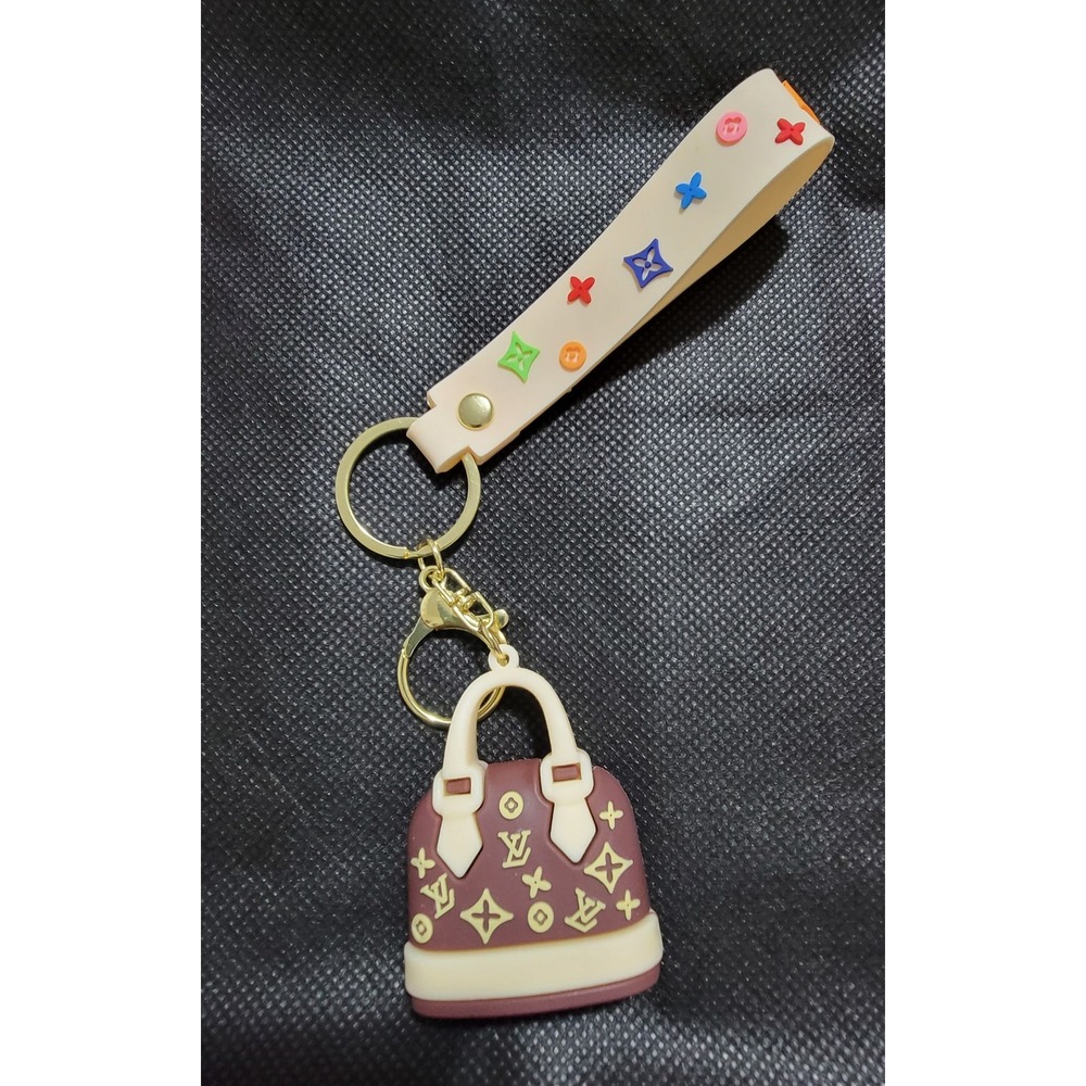 Monogram Purse Keychain Charm Silicone Wristlet Pink Cream Gold Tone Hardware - Picture 2 of 3